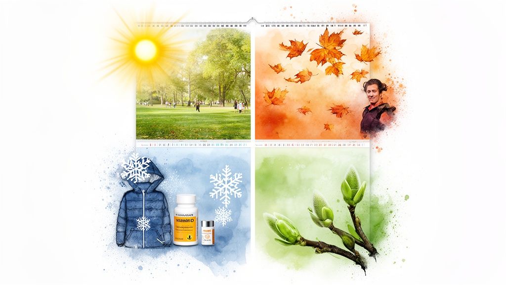 Watercolor calendar pages depict four seasons: sunny park, autumn leaves, winter jacket with vitamin D, and spring buds.