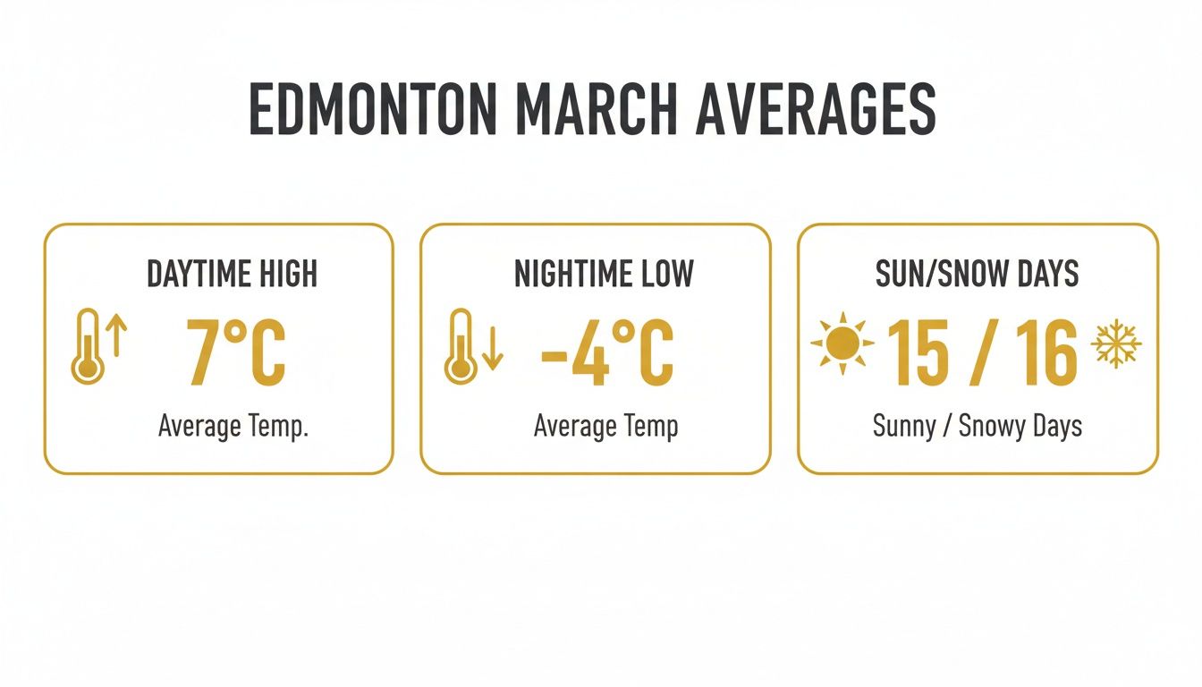Edmonton March average weather statistics showing daytime high 7°C, nighttime low -4°C, and sun/snow days.