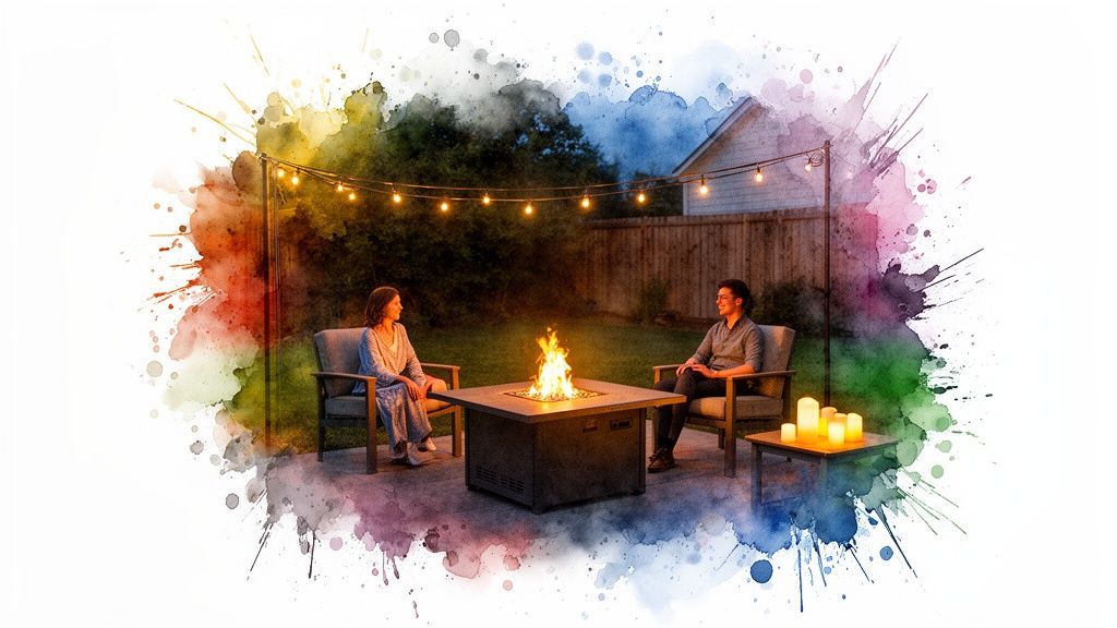 Two people relax by a glowing fire pit with string lights in a cozy backyard.