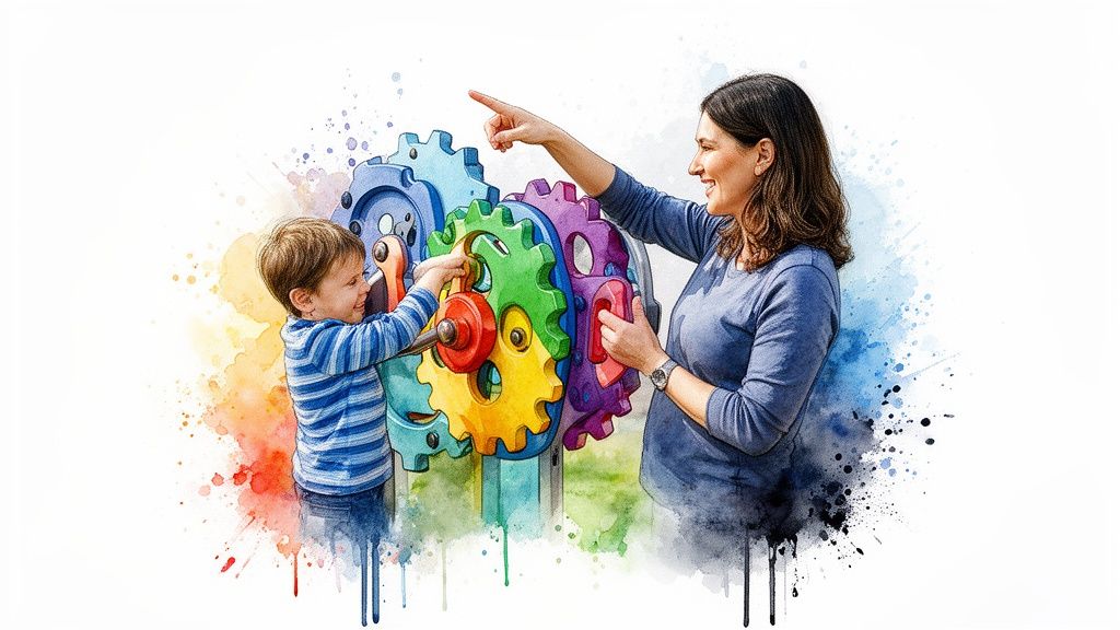 Smiling mother and child playing with vibrant, interconnected gears on a playground, watercolor style.
