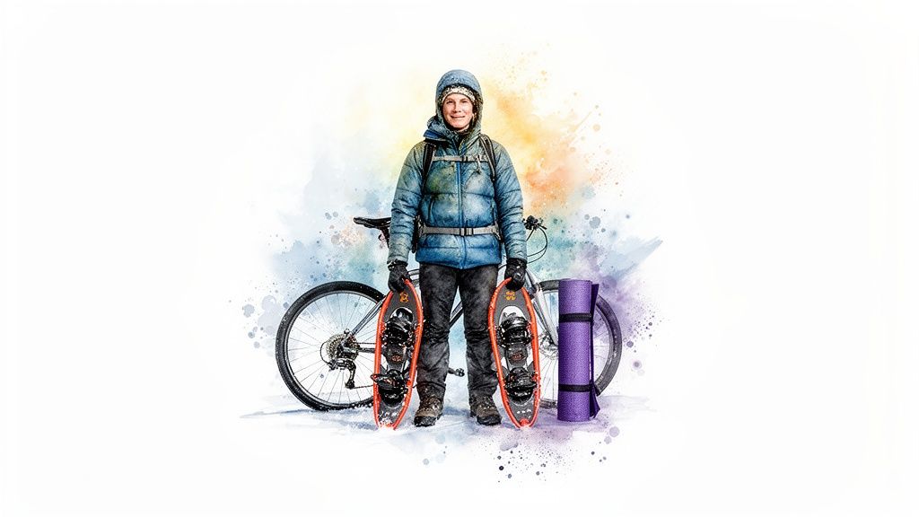 Watercolor painting of a person in winter gear holding snowshoes, with a bike and mat.