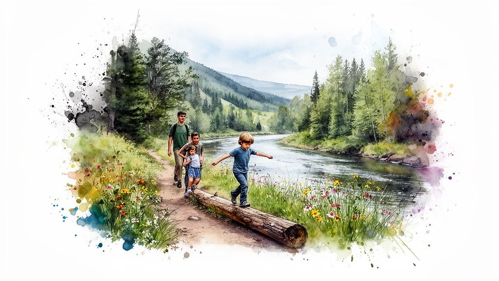 Watercolor painting of a family hiking by a scenic river, with a child balancing on a fallen log.