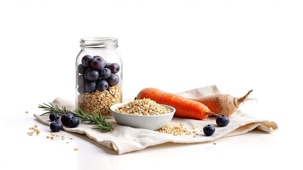 Fresh blueberries, rolled oats, carrots, and rosemary on a linen cloth, promoting healthy eating.