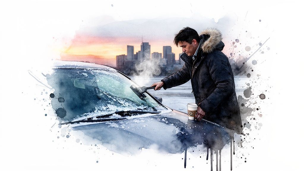 A man in a winter coat scrapes ice off a car windshield on a cold morning.