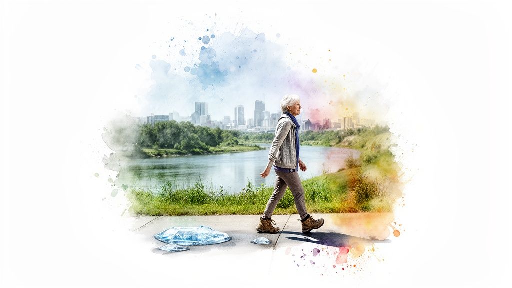 A senior woman walks on a path by a river with a city skyline in the background, in a watercolor style.