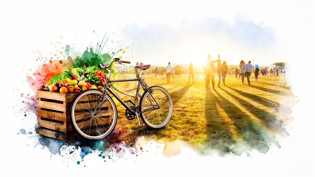 Bicycle with a crate of fresh produce on a grassy field, with people walking at a sunny sunset.
