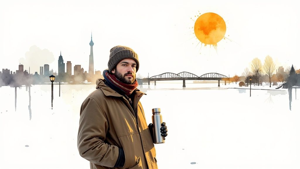 A man in a winter hat and scarf holds a thermos in a snowy city landscape.