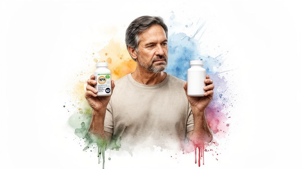 A thoughtful man comparing two supplement bottles, one labeled NPN, against a colorful watercolor background.