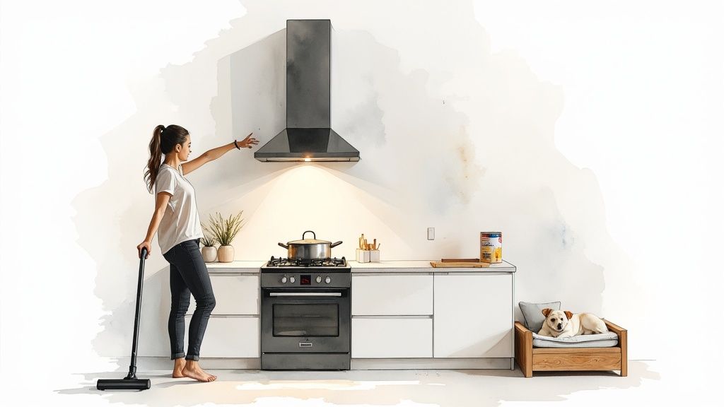 A woman cleaning a modern kitchen with a stick vacuum, reaching for a range hood.