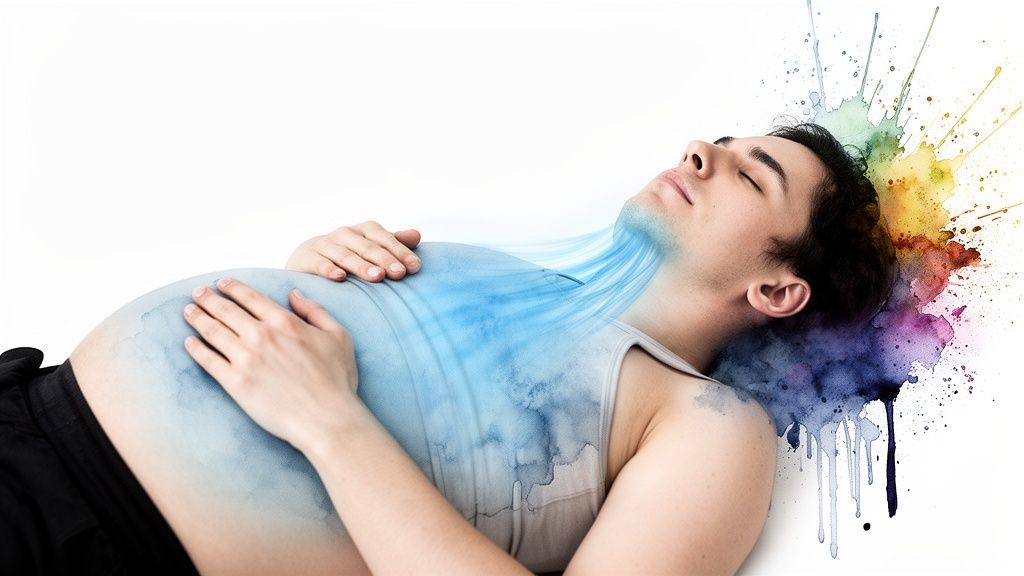 A person with a blue watercolor-painted belly lies relaxed, with colorful splashes around their head.