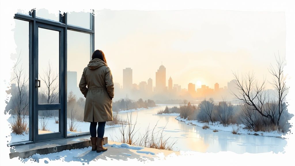 A person in a winter coat stands by a window, looking out at a snowy river and city skyline at sunrise.
