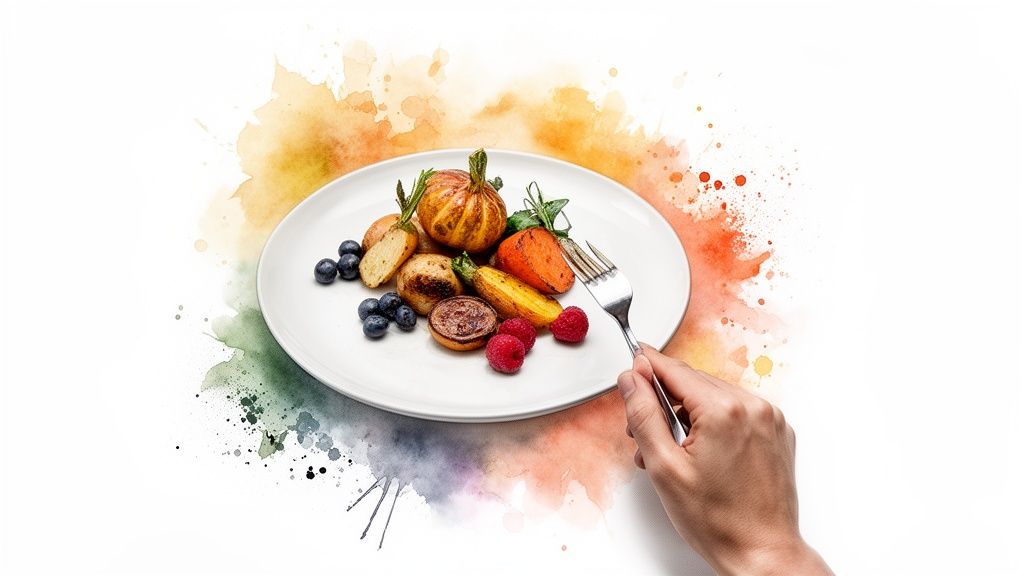 A hand holding a fork is poised over a plate of roasted vegetables and berries.