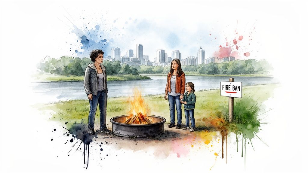 Watercolor scene of a family at an outdoor campfire, with a 'FIRE BAN' sign nearby.