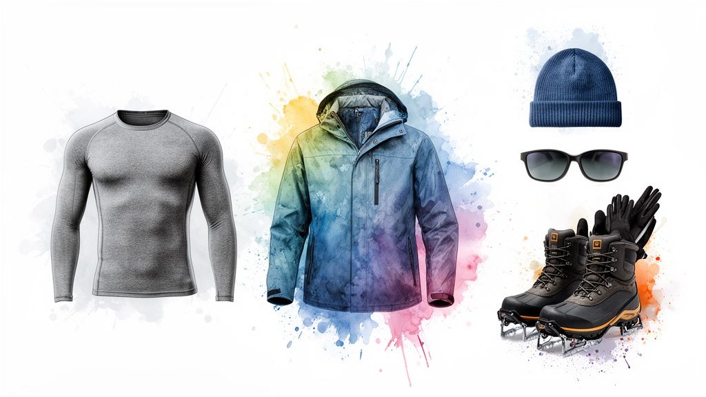 A collection of winter outdoor gear including a grey thermal shirt, a colorful jacket, beanie, sunglasses, winter boots, and gloves.