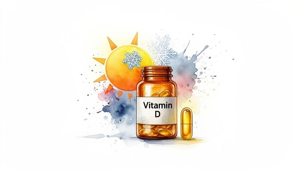 Vitamin D supplements bottle with sun and snowflakes, illustrating seasonal need for vitamin D.