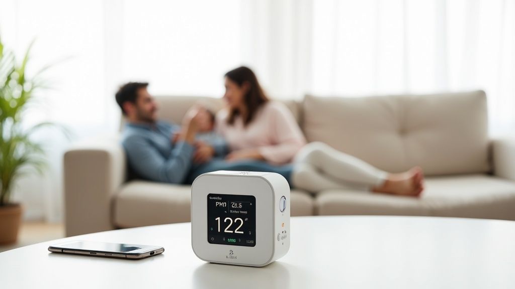 An indoor air quality monitor displays readings on a table with a family relaxing on a sofa.