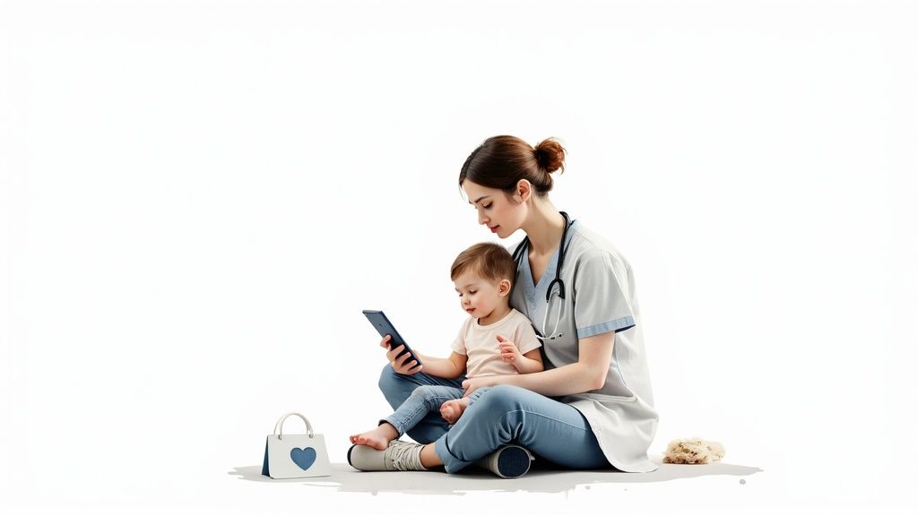 A kind female healthcare worker in scrubs sits with a baby, showing them a smartphone.