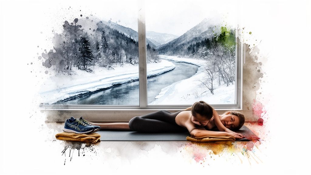 A person in athletic wear resting on a yoga mat by a window overlooking a snowy river landscape, with running shoes nearby.