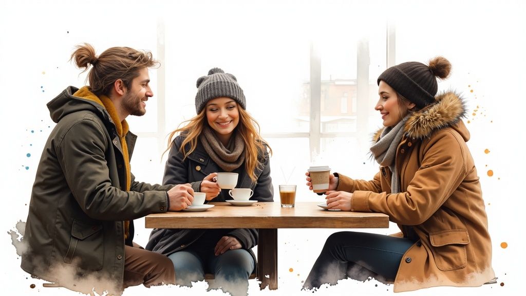 Friends in winter outfits happily sharing coffee and conversation at a table.