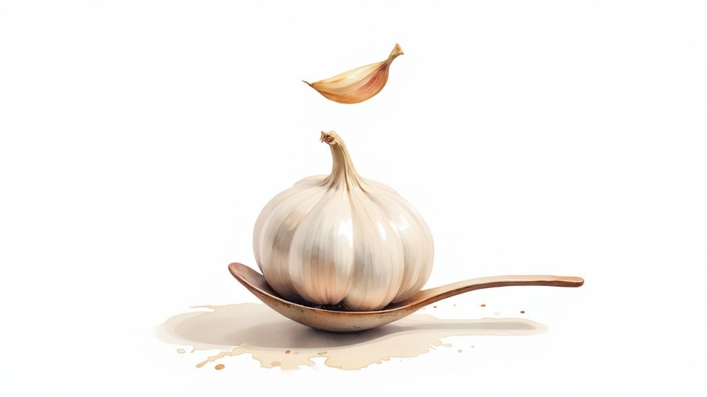 A fresh garlic bulb rests on a wooden spoon with a floating clove above on a white background.