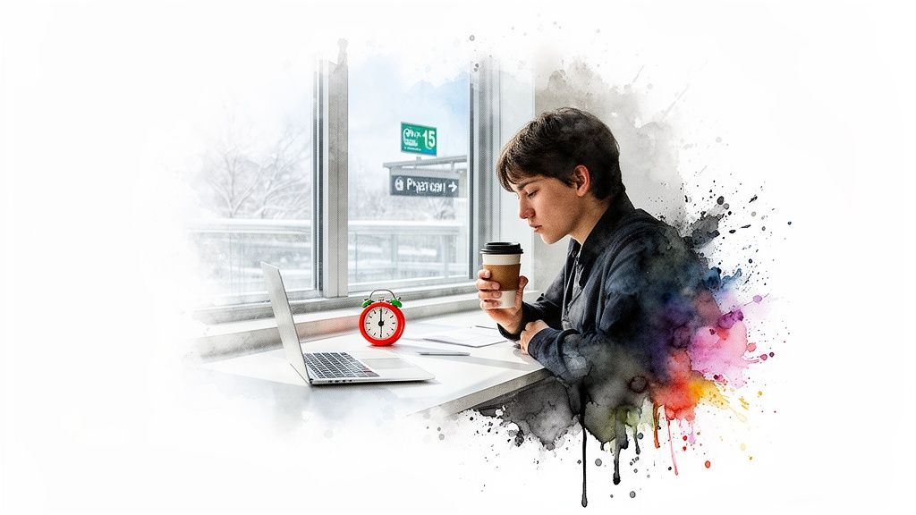 Young person working at a desk by a window, holding coffee, with a laptop and alarm clock.