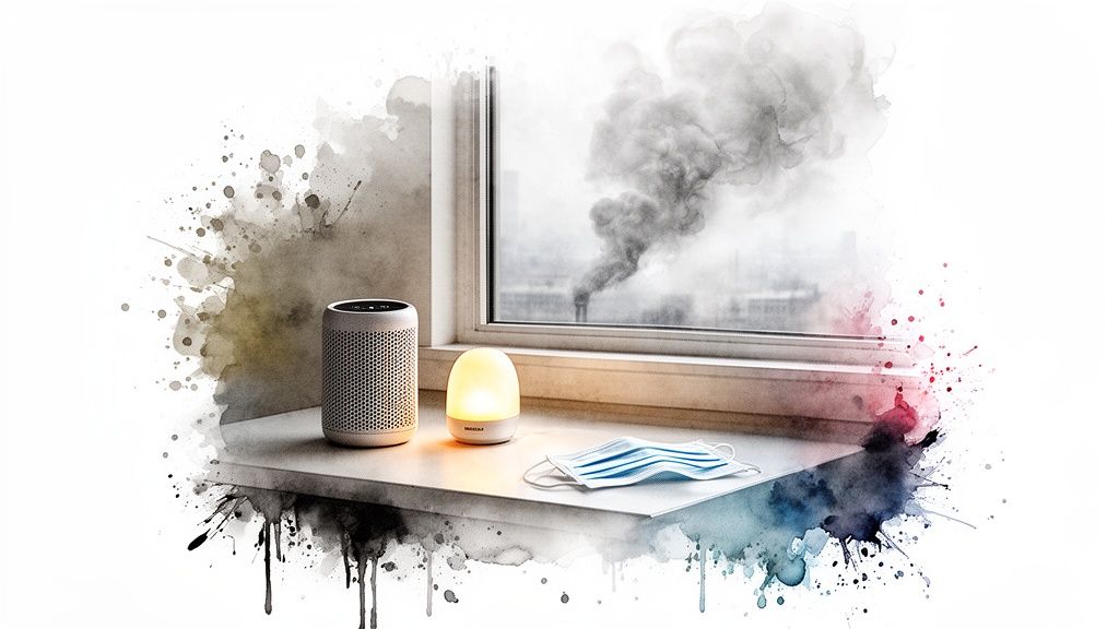 An air purifier, glowing lamp, and face mask on a windowsill with smoke outside.