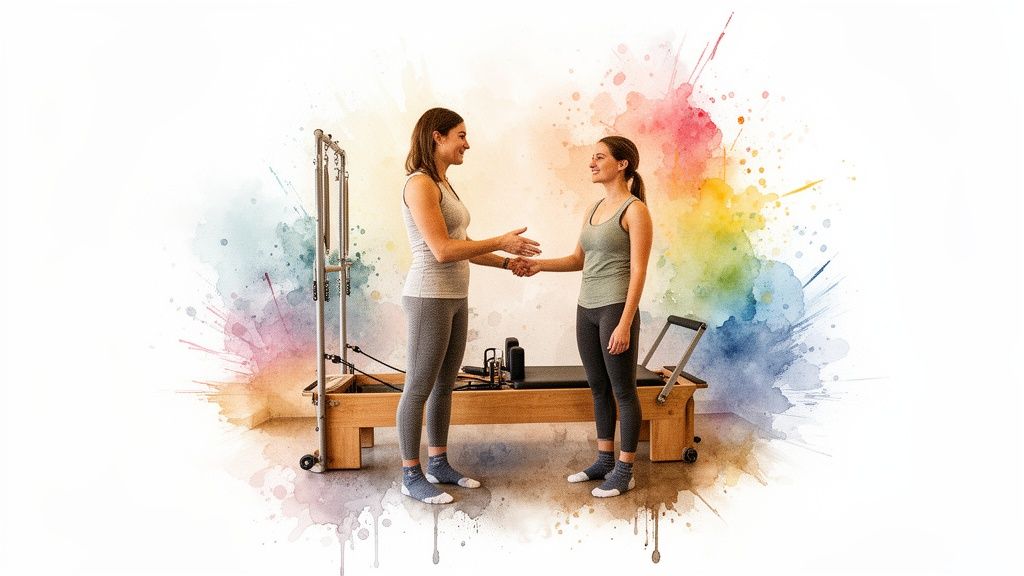 Two women shaking hands in a Pilates studio with a reformer and colorful background.
