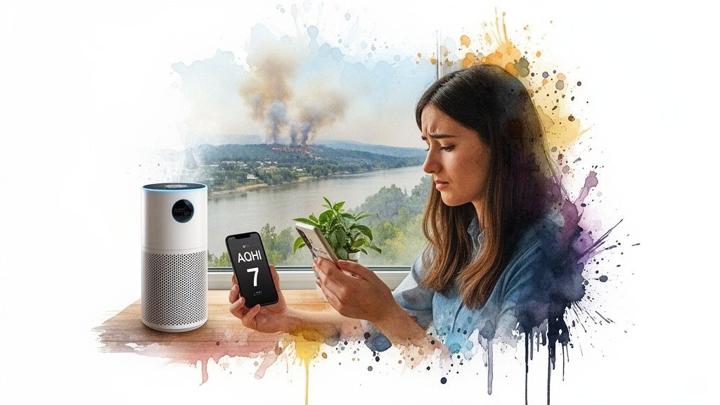 Concerned woman checks air quality on phone and air purifier during outdoor fire.