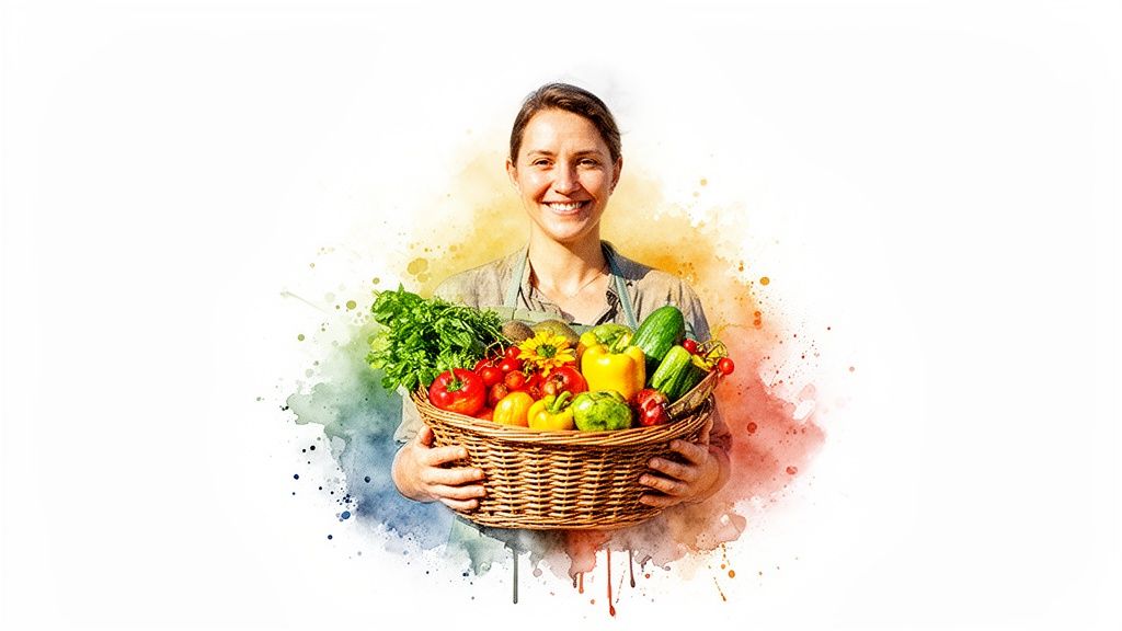 Smiling woman in an apron holding a large basket overflowing with fresh, colorful vegetables and a sunflower.