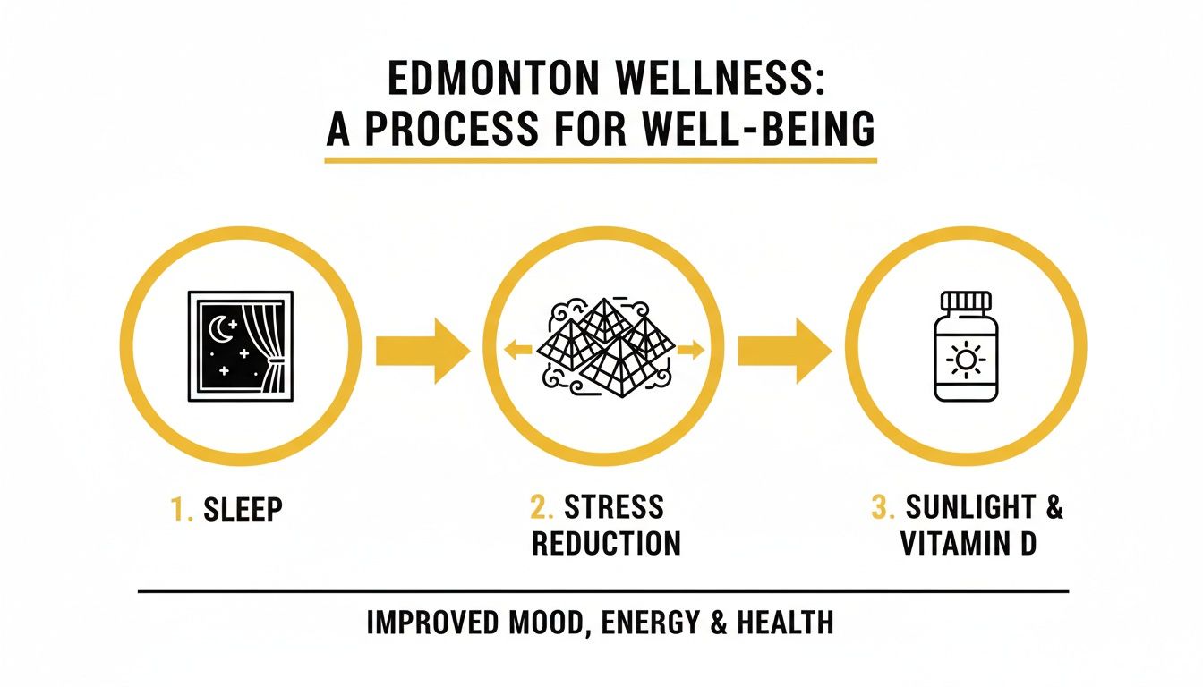 Infographic showing a wellness process with three steps: sleep, stress reduction, and sunlight & vitamin D.