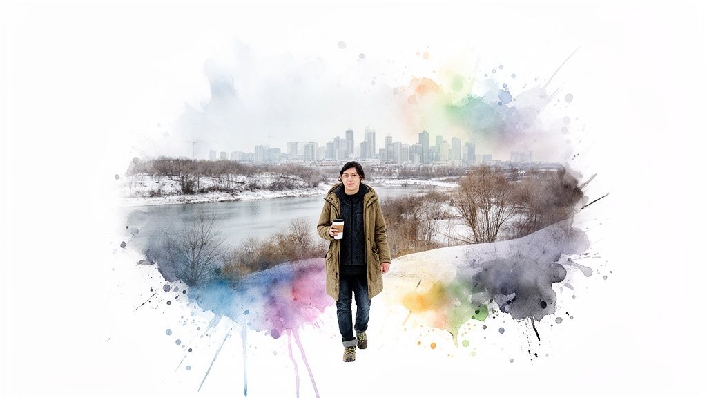 A person holds a coffee cup, walking in a snowy park with a city skyline backdrop, enhanced with watercolor splashes.