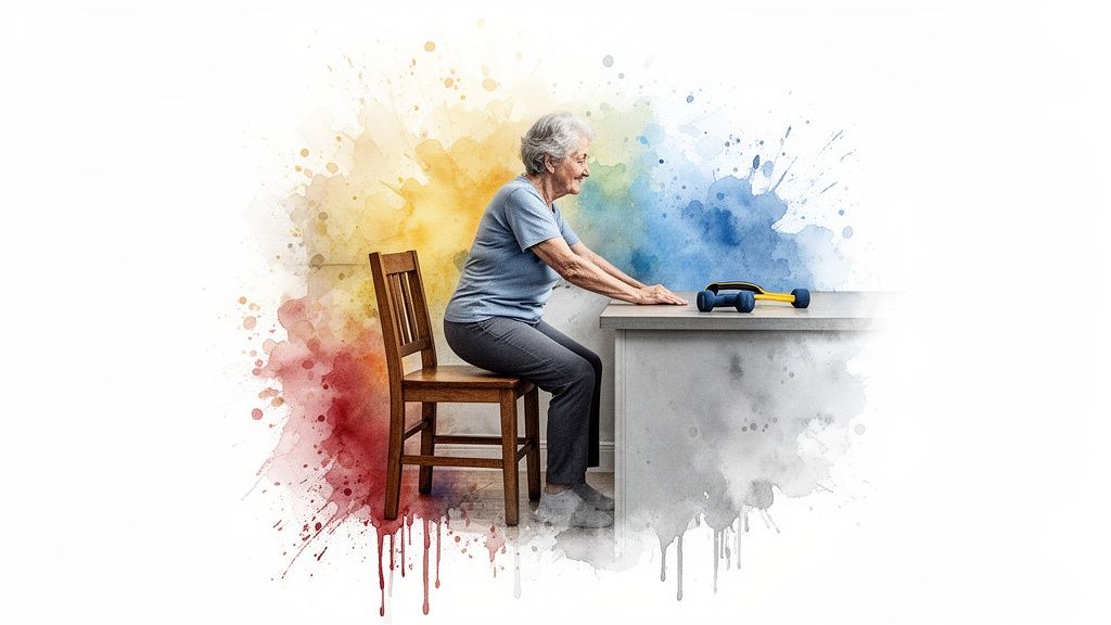 An elderly woman sits at a table with dumbbells, performing light exercise against a colorful watercolor background.