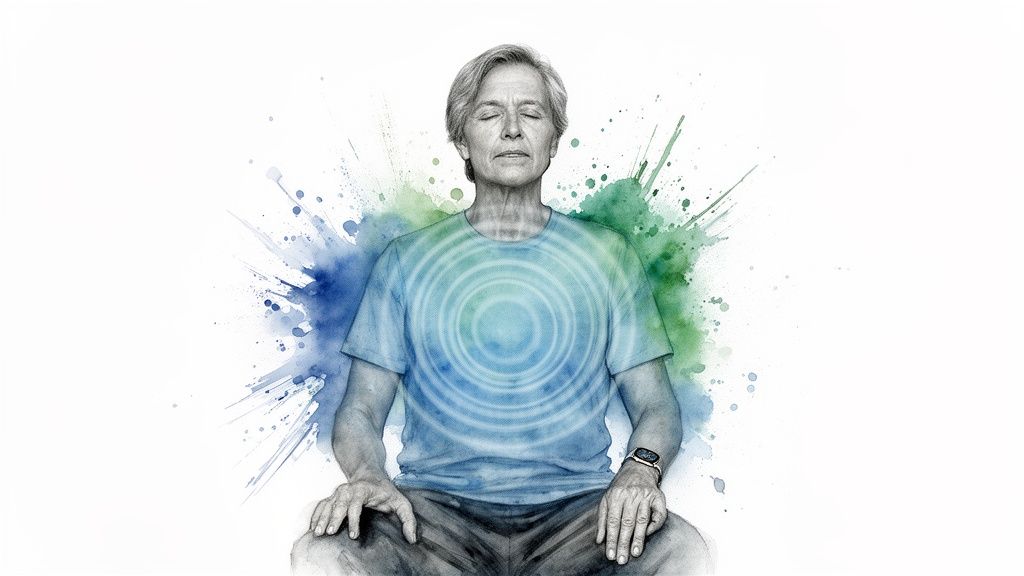 A serene person meditating with closed eyes, surrounded by blue and green watercolor splashes and energy ripples.