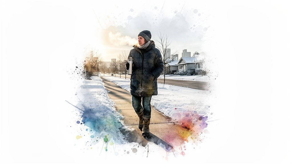 A person in a winter coat walks on a snowy sidewalk, breath visible in the cold air.