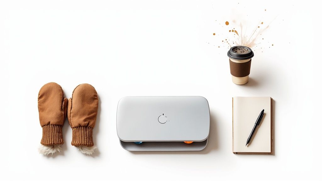 Top-down view of mittens, a light therapy device, coffee, and a journal for winter comfort.