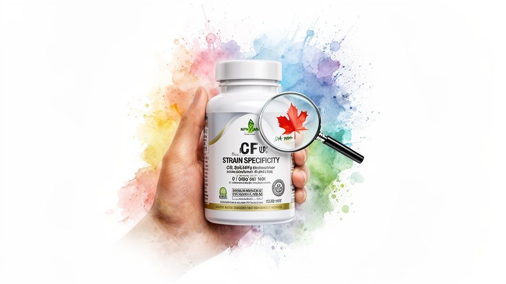 Hand holding a supplement bottle with a magnifying glass highlighting a red maple leaf, on a colorful watercolor splash background.