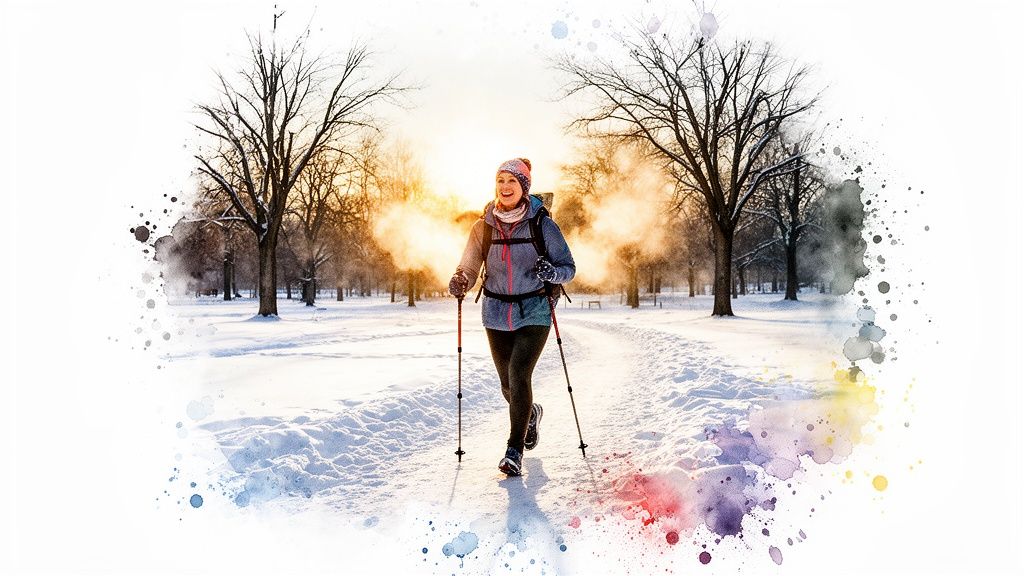 A happy woman nordic walking on a snowy path in a park with bare trees and a watercolor border.