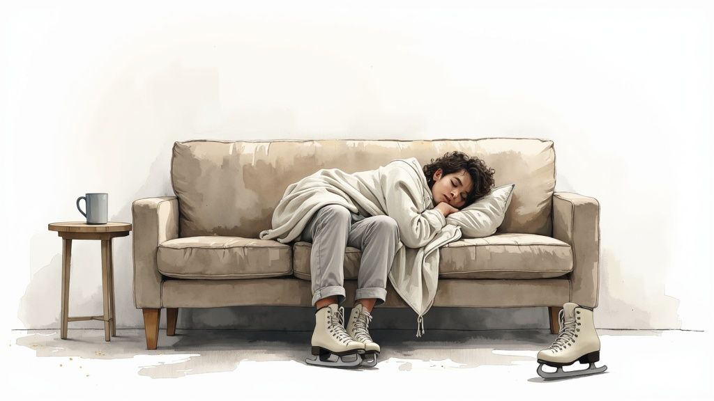 A weary figure skater napping on a couch, still wearing skates, in a serene watercolor.