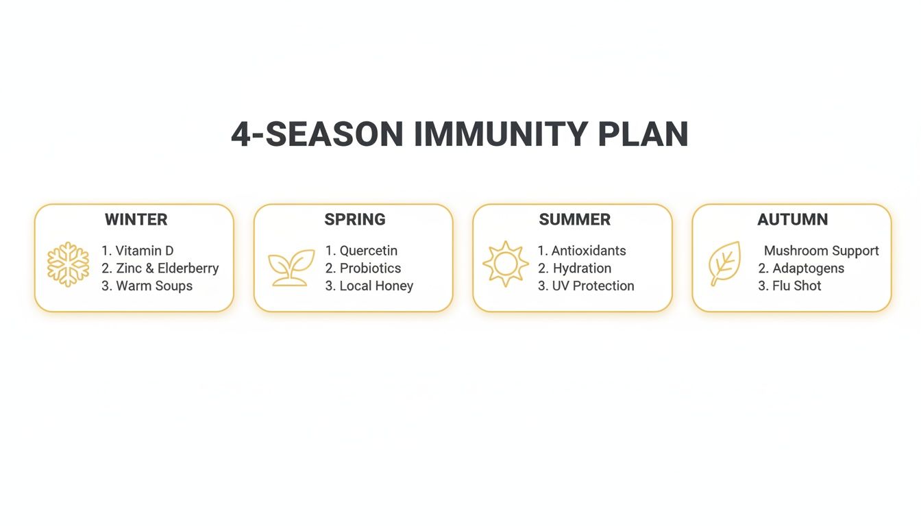 A 4-season immunity plan outlining tips for winter, spring, summer, and autumn wellness.