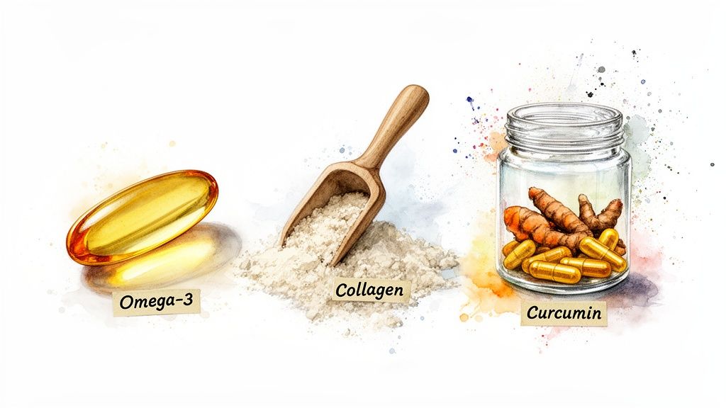 An illustration showing three supplements: Omega-3 capsule, collagen powder with a scoop, and turmeric roots with curcumin capsules in a jar.