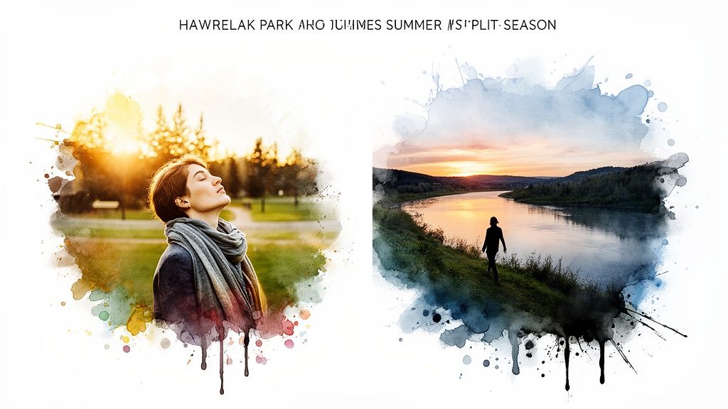 Watercolor art of a serene woman enjoying sunset in a park and a person walking by a river.