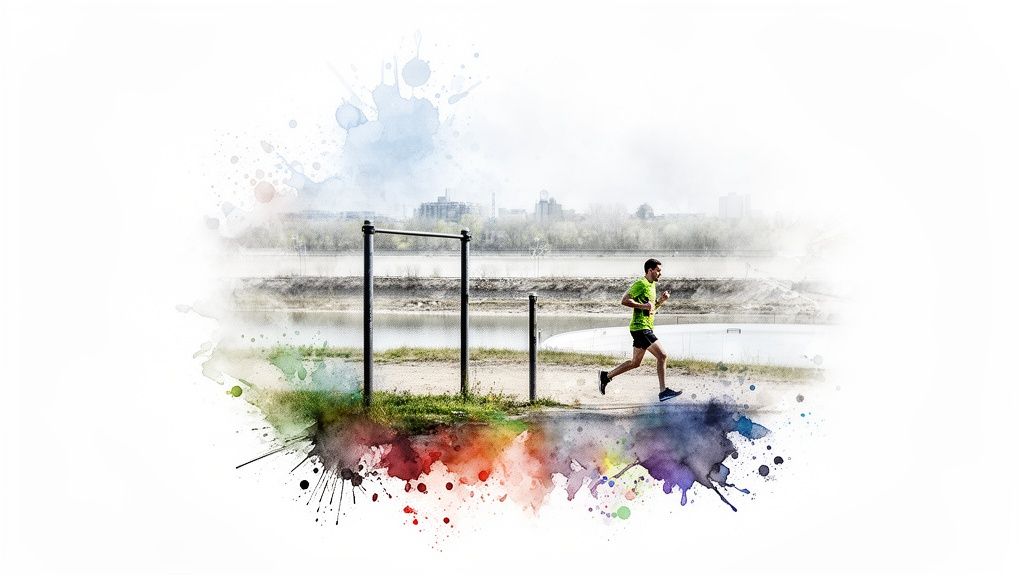 A man in a green shirt and black shorts runs outdoors along a path next to a river.