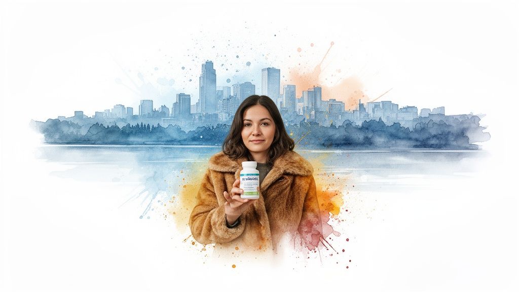 A smiling woman in a fur coat holds a 'probio+ forte' bottle against a watercolor city skyline.