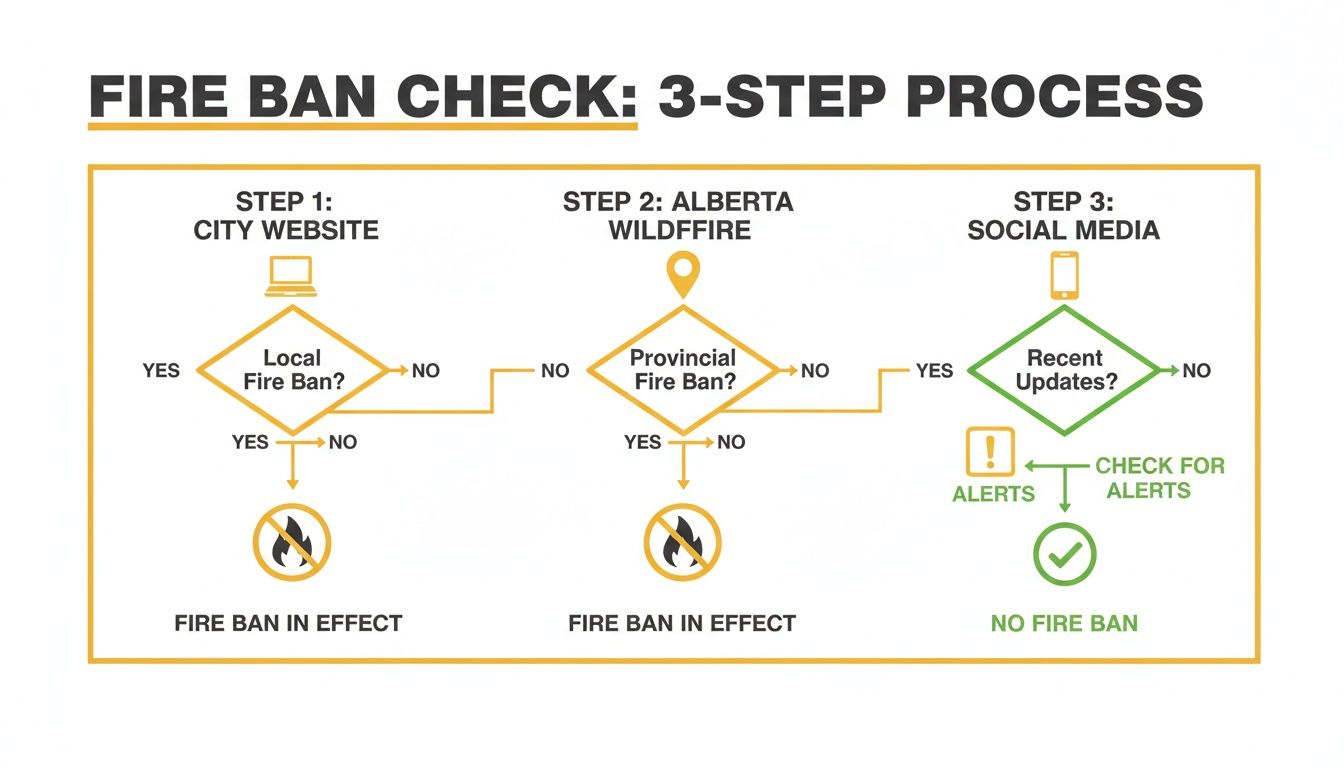 Flowchart detailing a 3-step process to check for fire bans: city website, provincial, and social media.