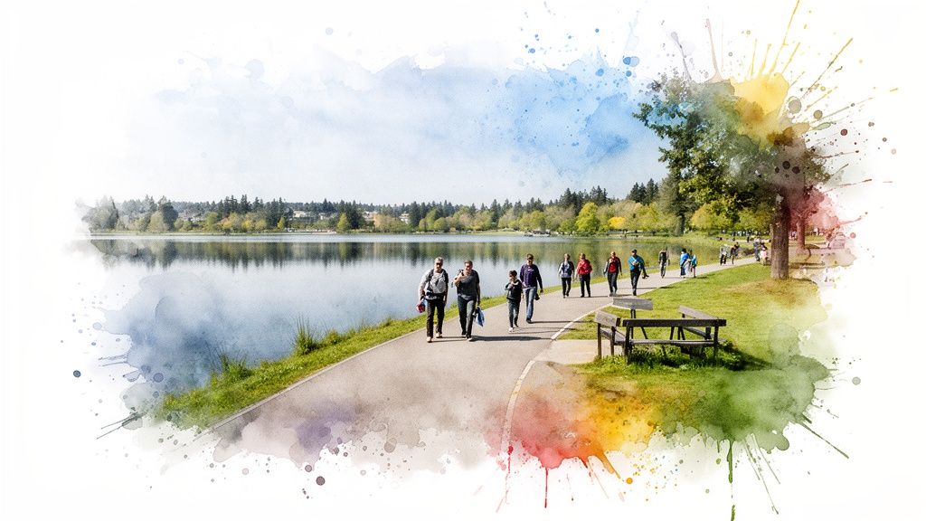People walk and cycle along a paved path next to a serene lake, surrounded by trees, in a watercolor style.
