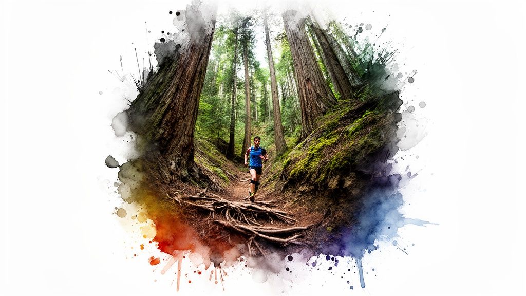 A person trail running through a lush forest with tall trees and exposed roots, featuring a watercolor splash effect.