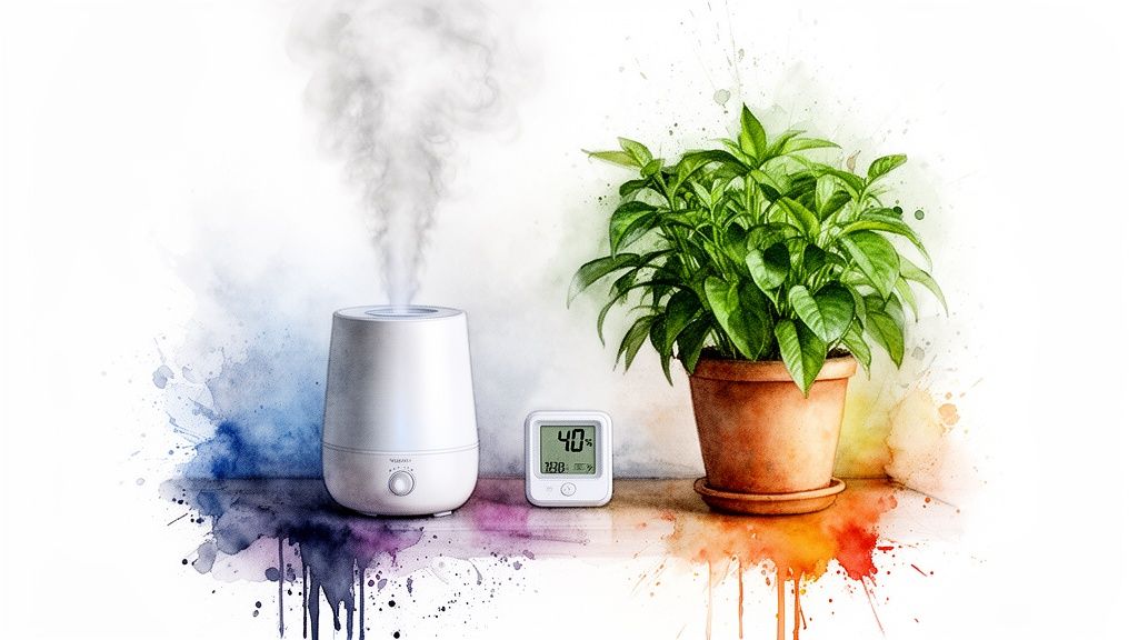 A humidifier emitting mist, a digital hygrometer showing 40% humidity, and a green plant.