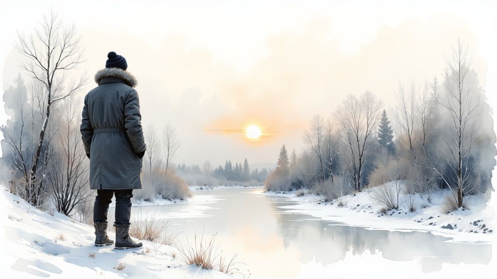 Winter landscape with a person gazing at the rising sun over a partially frozen river.