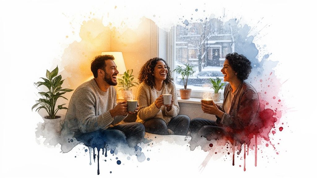 Three happy friends laughing and enjoying warm drinks indoors on a snowy winter day.