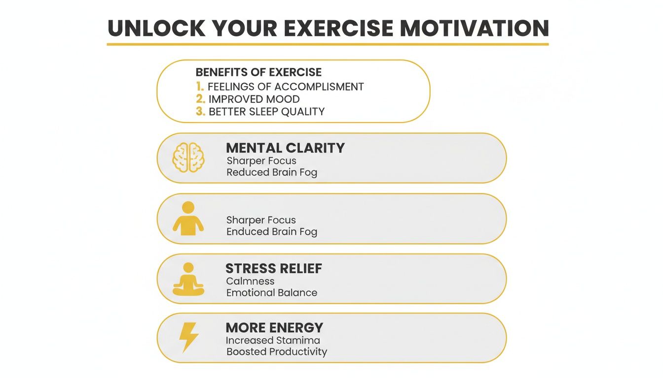 List of exercise benefits including mental clarity, stress relief, and more energy to enhance motivation.